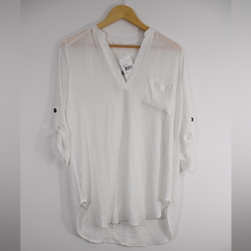 Lush Womens White Popover Hi Lo Blouse V Neck Oversized T10934-001 Ivory S